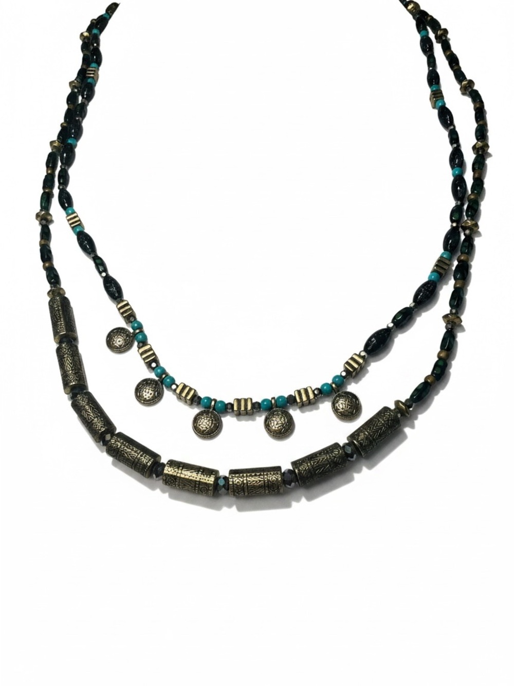 Vintage Boho Beaded Layering Necklace Set Black Turquoise Gold Tone 36" 39" 2 Pc
